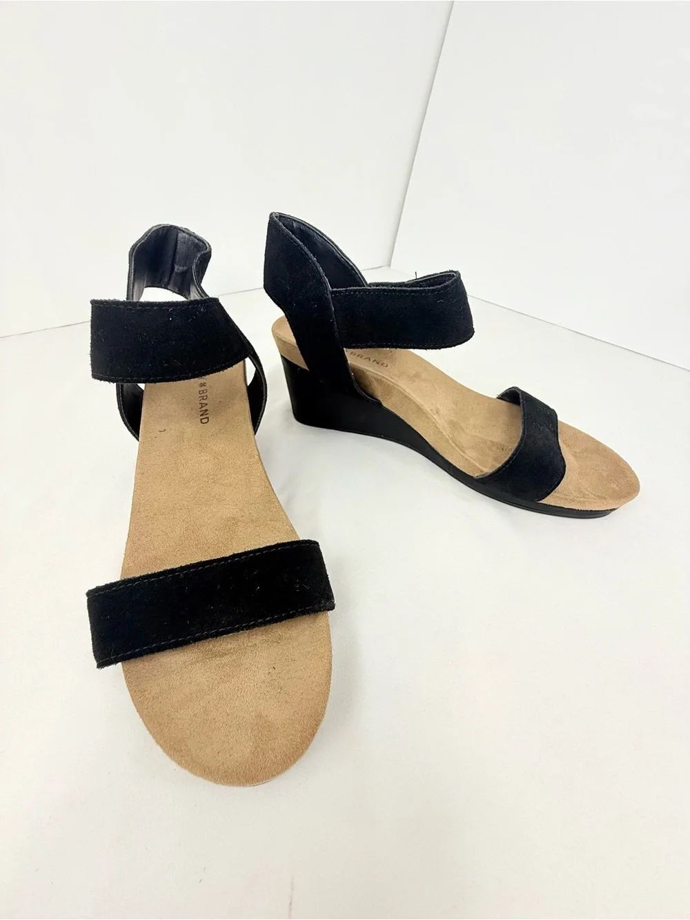 Lucky Brand KAMILIA Black Suede Leather Wrapped Wedge Heel Open Toe Sandals